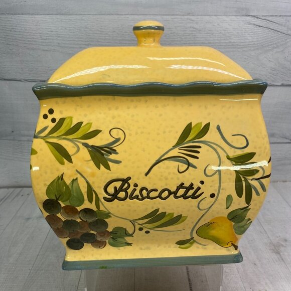 NONNI'S Yellow Green Tuscan Style Handmade Rectangle Ceramic Biscotti Cookie Jar - Picture 2 of 16